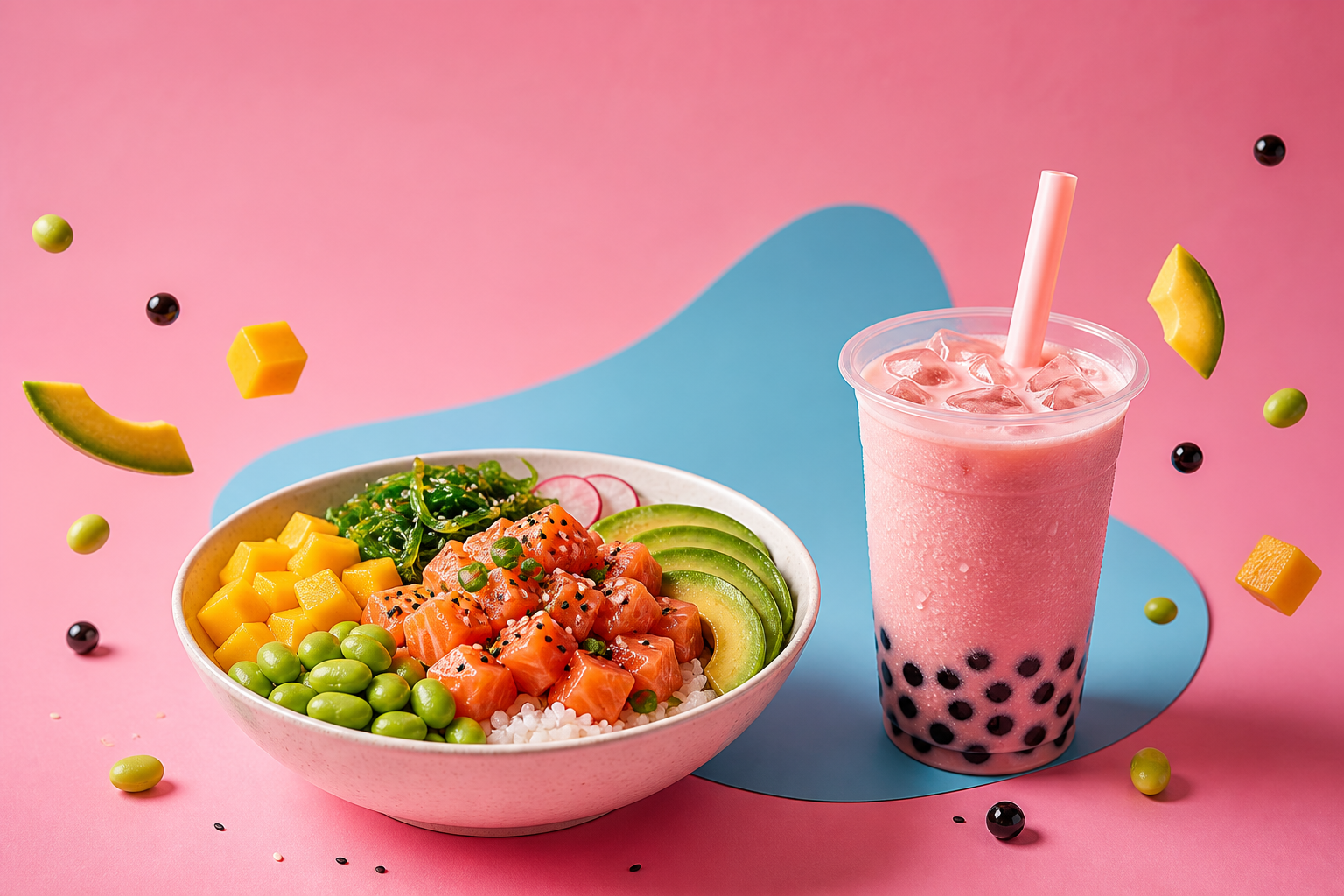 Poke bowl fresco e bubble tea con ingredienti sospesi
